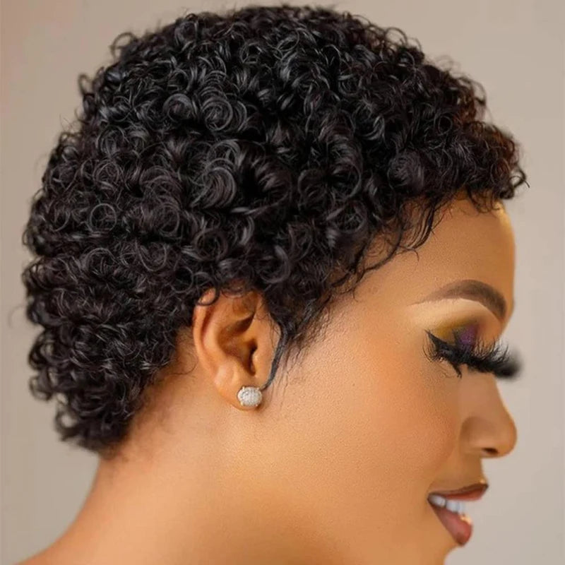 Short Kinky Curly Wigs Human Hair Pixie Cut Brazilian Human Hair For Women Natural Black Glueless Curly Human Hair Wigs