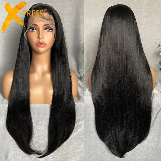 X-TRESS Long Straight Layered Wigs 13X4 Lace Frontal Free Part Synthetic Hair Wig with Baby Hair For Women 32inch Black Colored