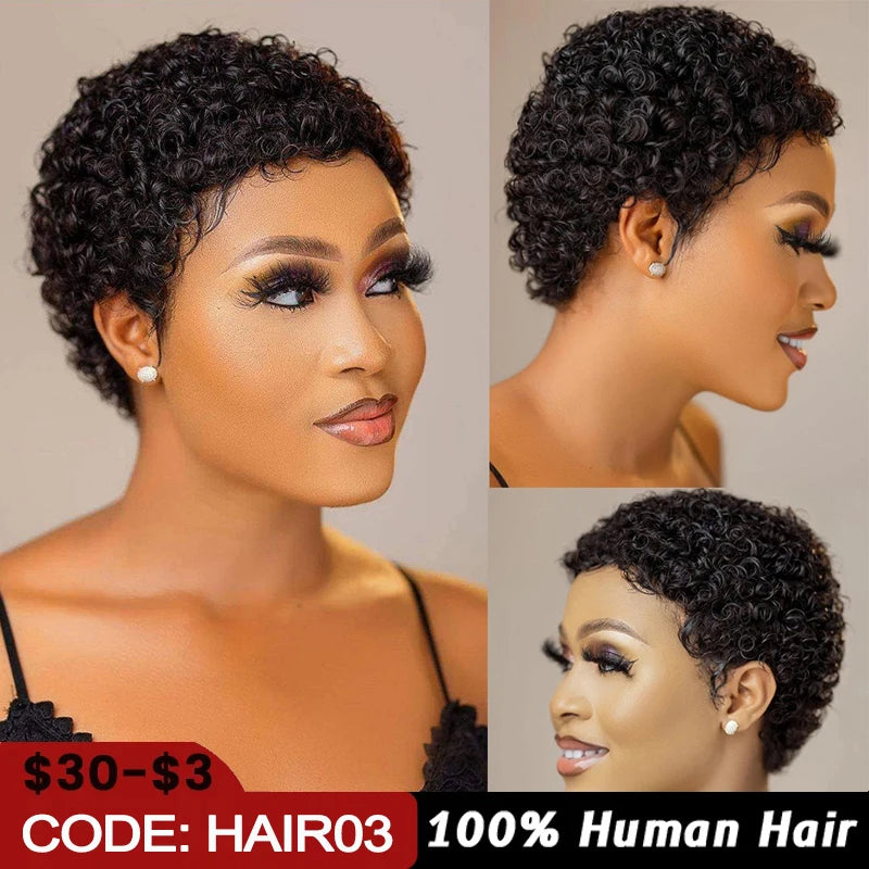 Short Kinky Curly Wigs Human Hair Pixie Cut Brazilian Human Hair For Women Natural Black Glueless Curly Human Hair Wigs